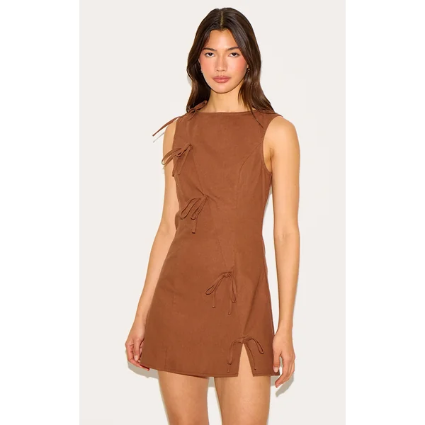 Chestnut Woven Asymmetric Bow Detail Shift Dress