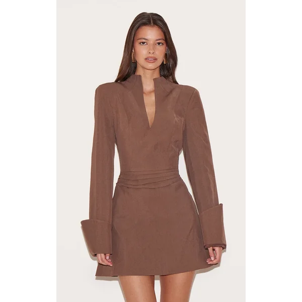 Chestnut Woven V Neck Mini Dress
