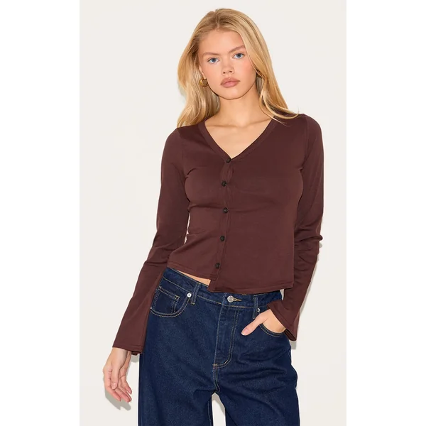 Chocolate Asymmetric Button Down Detail Long Sleeve Top