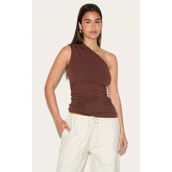 Chocolate Asymmetric Ruched Sleeveless Long Top