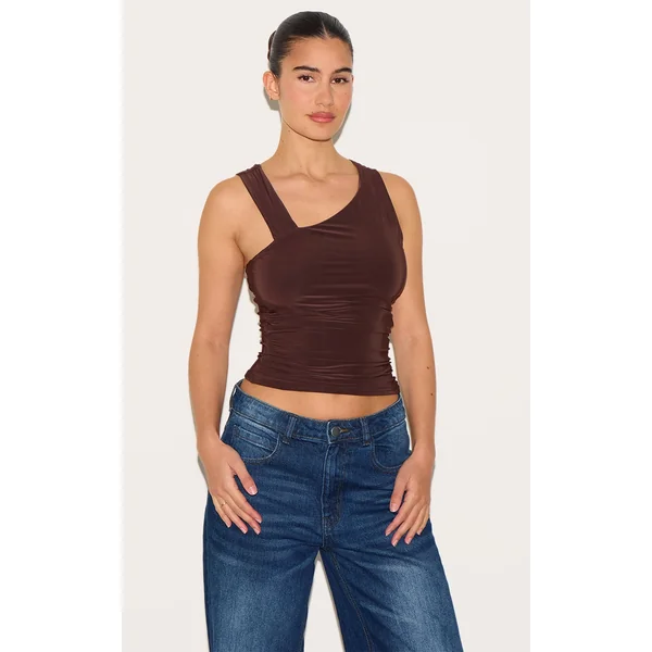 Chocolate Asymmetric Strap Detail Vest Top