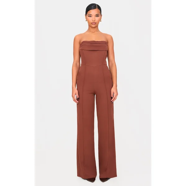 Chocolate Bandeau Cowl Neck Pocket Detailed Jumpsuit