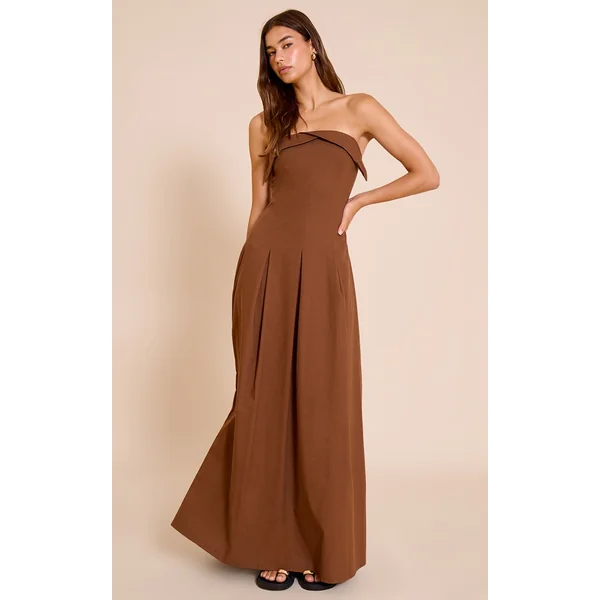 Chocolate Bandeau Pleated Midaxi Dress