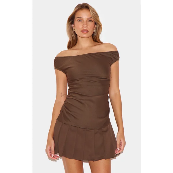 Chocolate Bardot Ruched Detail Pleated Shift Dress