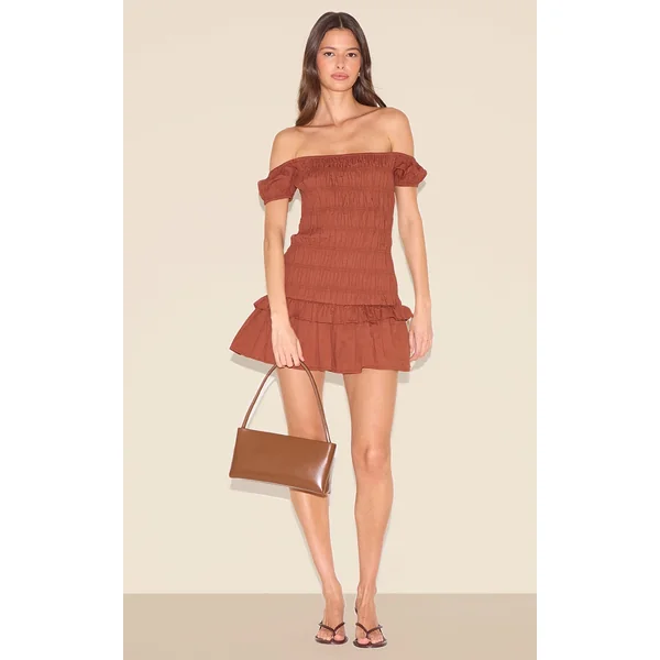 Chocolate Bardot Shirred Detail Shift Dress