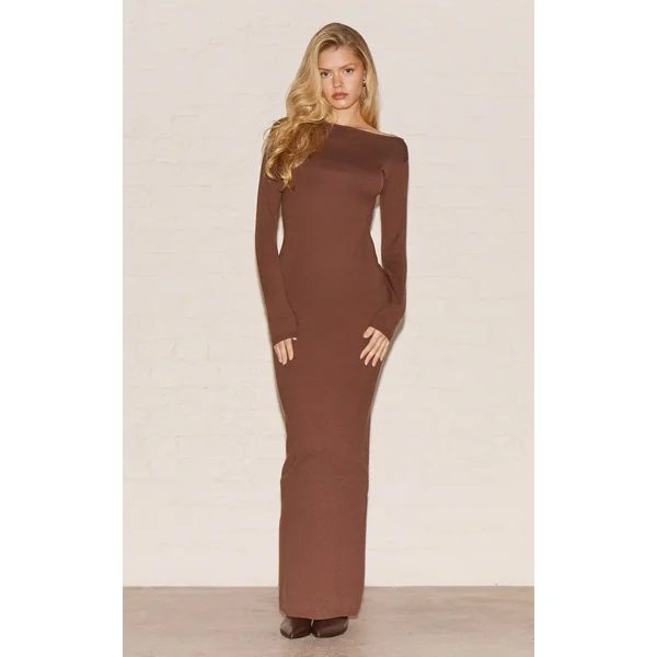 Chocolate Basic Knit Asymmetric Neckline Long Sleeve Maxi Dress