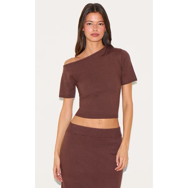 Chocolate Basic Knit Asymmetric Neckline Top