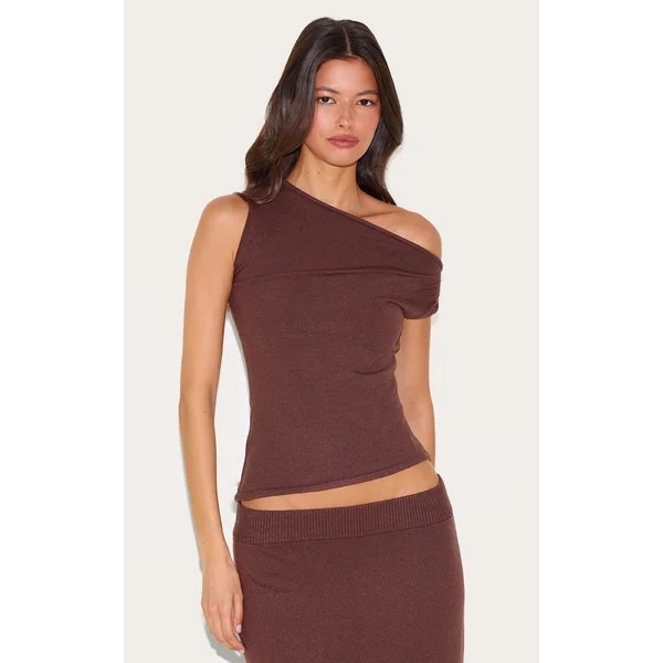 Chocolate Basic Knit Asymmetric Twist Sleeve Vest Top