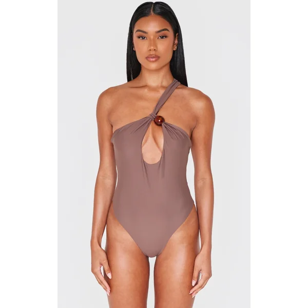 Chocolate Bead Detail One Shoulder Cut Out Swimsuit