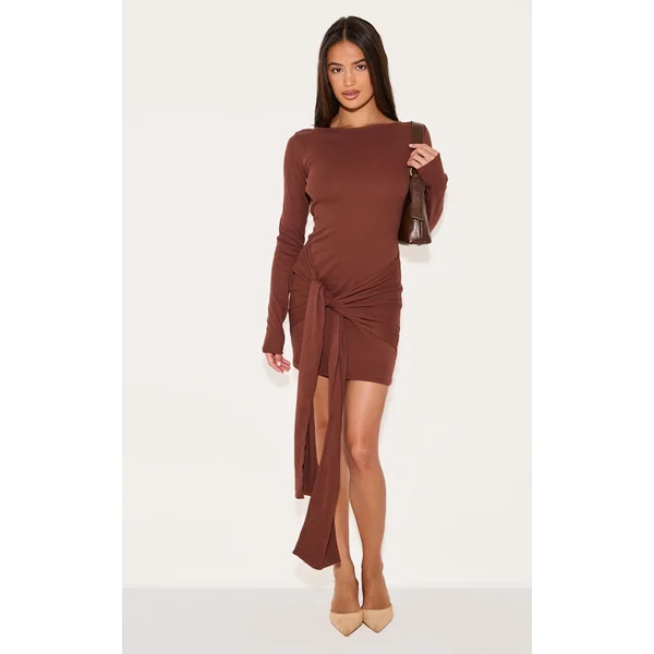 Chocolate Boat Neck Wrap Mini Dress
