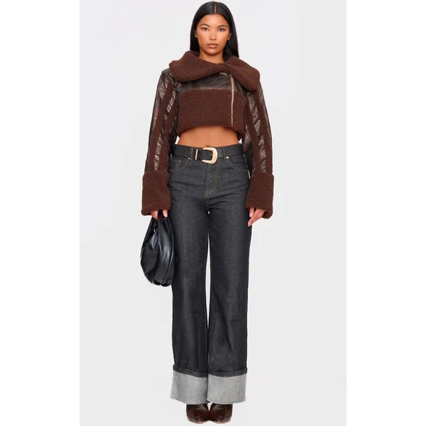 Chocolate Borg Trim Textured Look Faux Leather Aviator Jacket