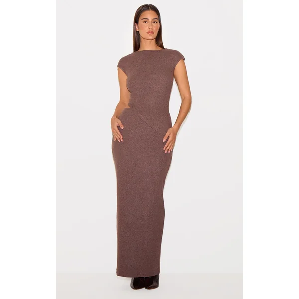 Chocolate Brown Brushed Rib Mid Rise Maxi Skirt