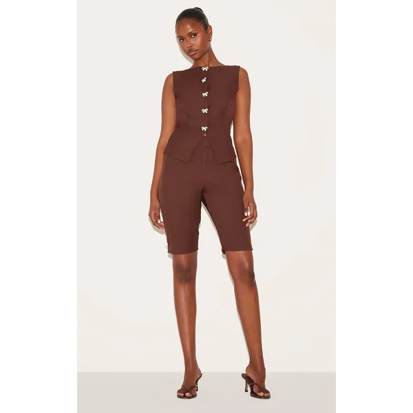 Chocolate Brown Contrast Velvet Mini Bow Detail Capris