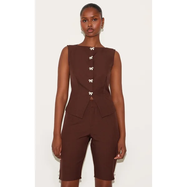 Chocolate Brown Contrast Velvet Mini Bow Detail Vest