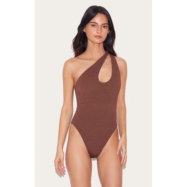 Chocolate Brown Crinkle One Shoulder Cut Out Swimsuit