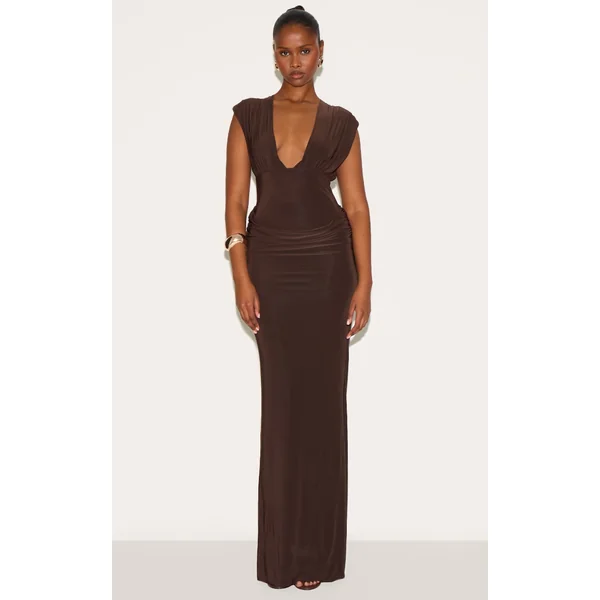 Chocolate Brown Double Layer Plunge Ruched Shoulder Drape Waist Maxi Dress