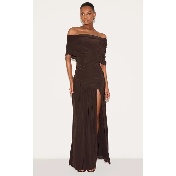 Chocolate Brown Double Layer Slinky Bardot One Shoulder Ruched Maxi Dress