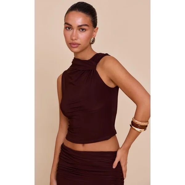 Chocolate Brown Double Layer Slinky Neck Detail Long Top