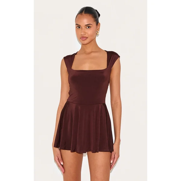 Chocolate Brown Double Layer Slinky Square Cap Sleeve Skort Romper