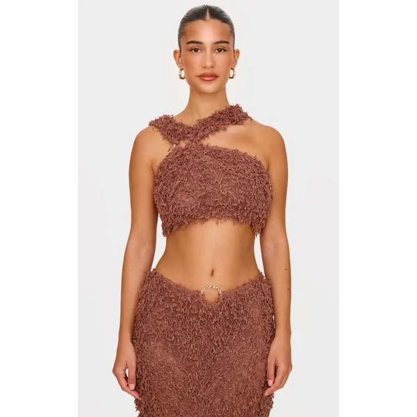 Chocolate Brown Fluffy Textured Halterneck Trim Detail Crop Top