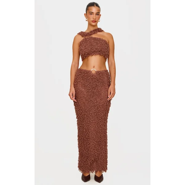 Chocolate Brown Fluffy Textured Trim Detail Low Rise Maxi Skirt