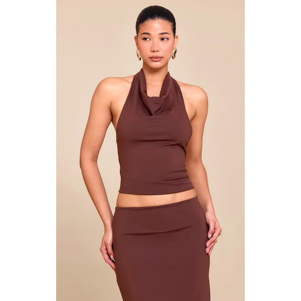 Chocolate Brown Matte Sculpt Halterneck Gold Detail Backless Top