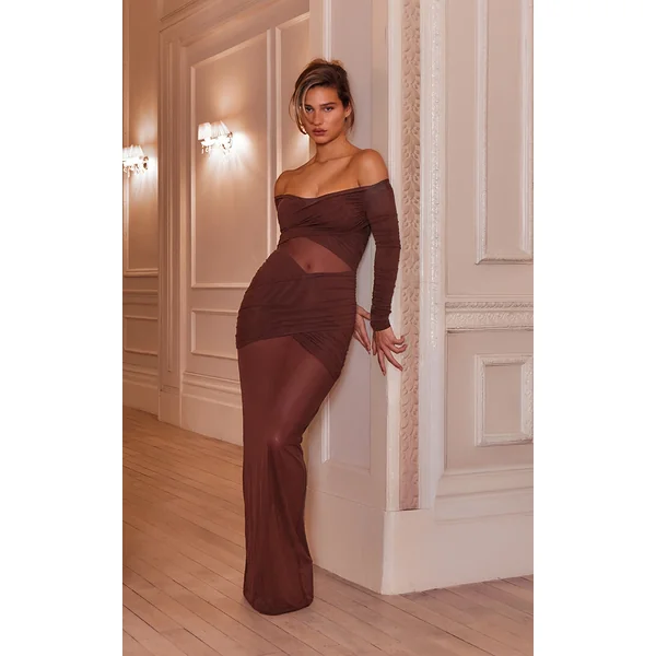Chocolate Brown Mesh Bardot Layered Ruched Maxi Dress