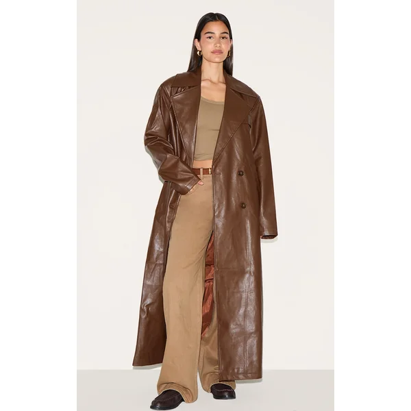 Chocolate Brown Oversized Faux Leather Maxi Trench
