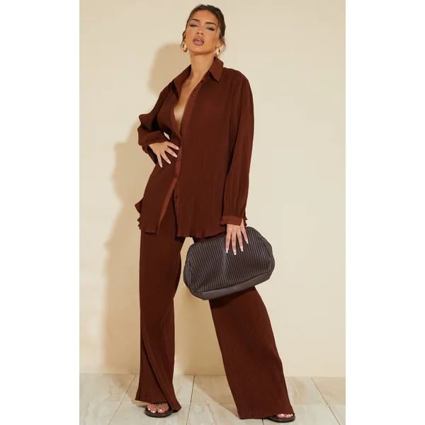 Chocolate Brown Plisse High Waisted Wide Leg Pants