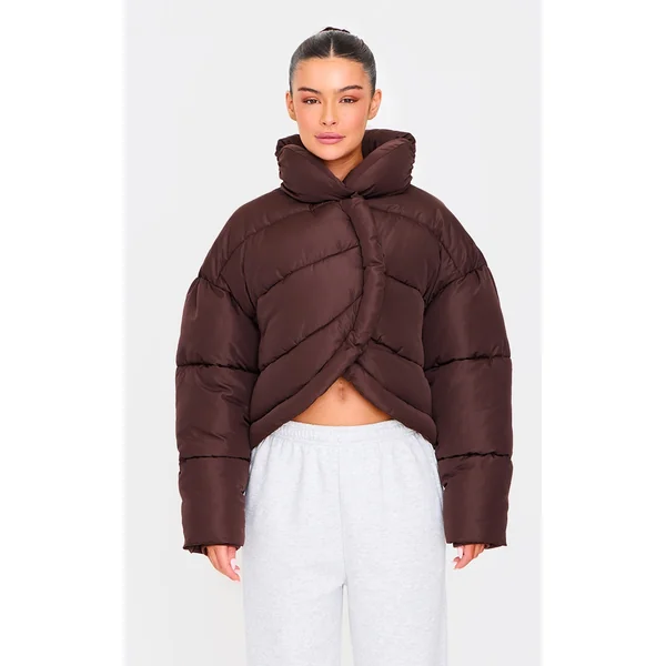 Chocolate Brown Quilted Asymmetric High Neck Puffer Jacket