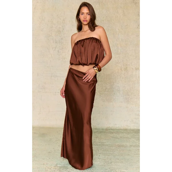Chocolate Brown Satin Mid Rise Maxi Skirt