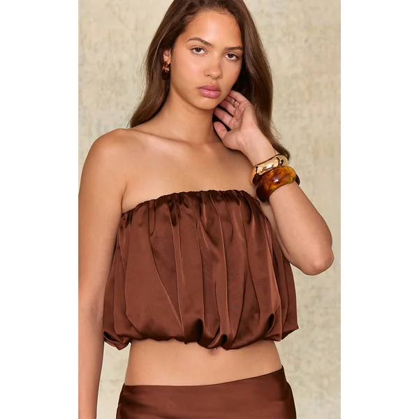 Chocolate Brown Satin Puffball Bandeau Top