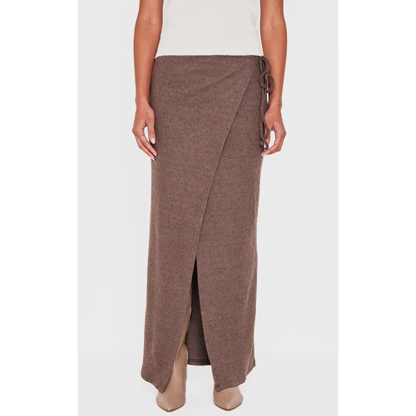 Chocolate Brown Soft Rib Wrap Front Maxi Skirt