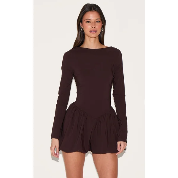 Chocolate Brown Stretch Woven High Neck Puffball Skort Romper