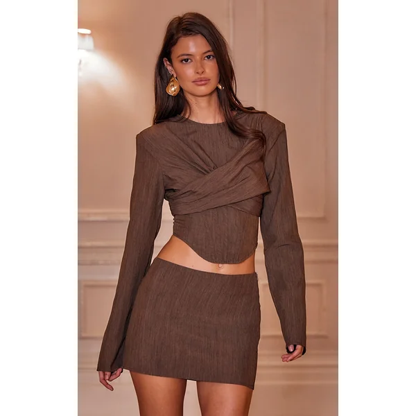 Chocolate Brown Tailored Draped Bust Detail Corset Top