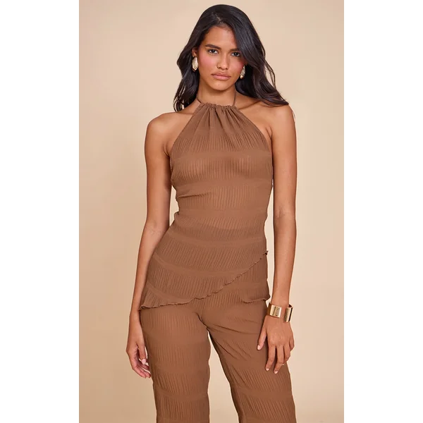 Chocolate Brown Textured Sheer Woven Backless Asymmetric Long Top