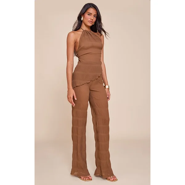 Chocolate Brown Textured Sheer Woven Mid Rise Straight Leg Pant