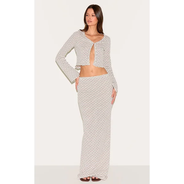 Chocolate Brown Textured Striped Mid Rise Maxi Skirt