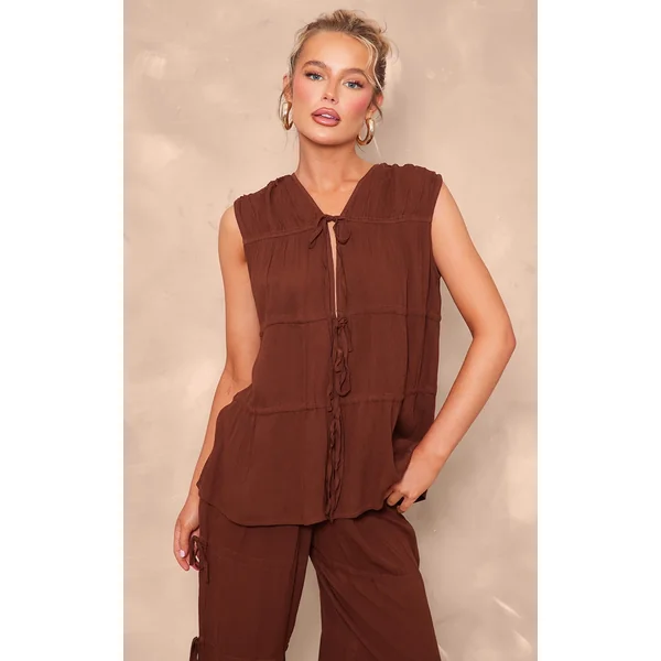 Chocolate Brown Tie Detail Sleeveless Longline Top
