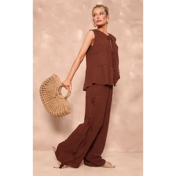 Chocolate Brown Tie Detail Wide Leg Pants