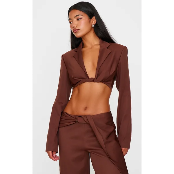 Chocolate Brown Twist Detail Long Sleeve Cropped Blazer