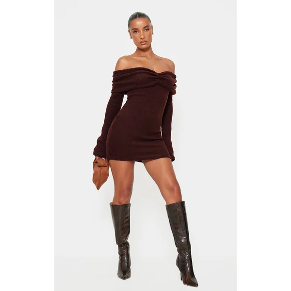 Chocolate Brushed Rib Bardot Long Sleeve Bodycon Dress