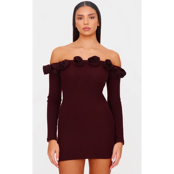 Chocolate Brushed Rib Corsage Detail Bardot Bodycon Dress