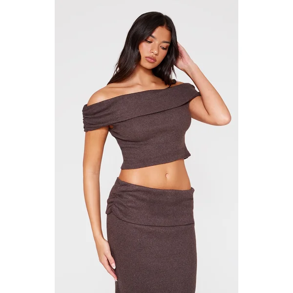 Chocolate Brushed Rib Off The Shoulder Longline Top