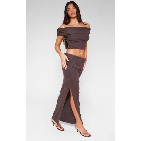 Chocolate Brushed Rib Ruched Detail Foldover Maxi Skirt