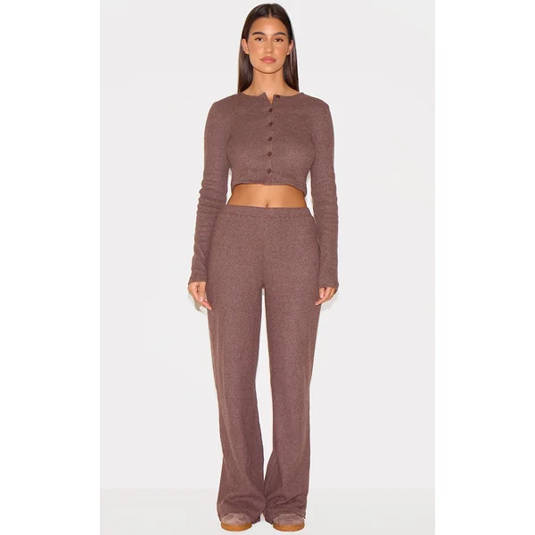 Chocolate Brushed Rib Wide Leg Pants