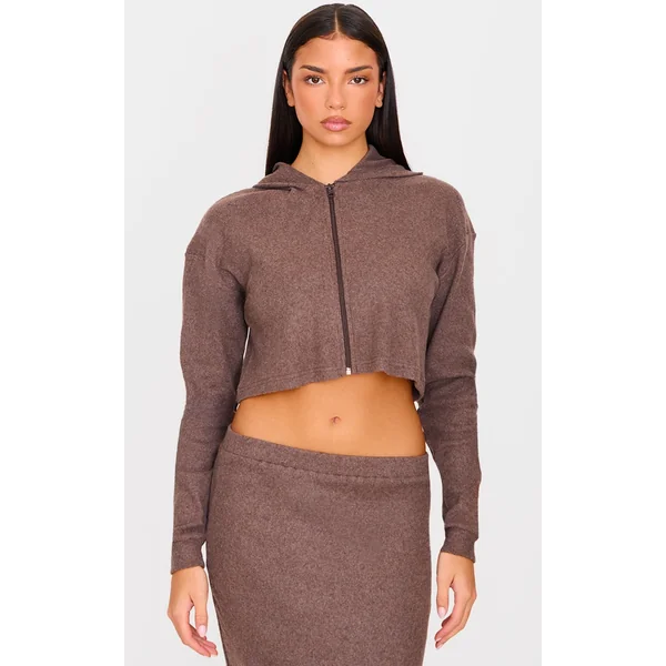 Chocolate Brushed Rib Zip Front Cropped Hoodie