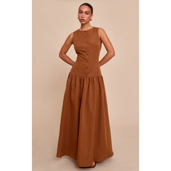 Chocolate Button Down Drop Waist Maxi Dress