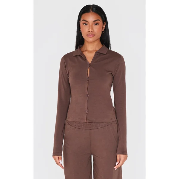 Chocolate Button Up Jersey Fitted Top