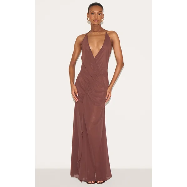 Chocolate Chiffon Asymmetric Ruched Maxi Dress